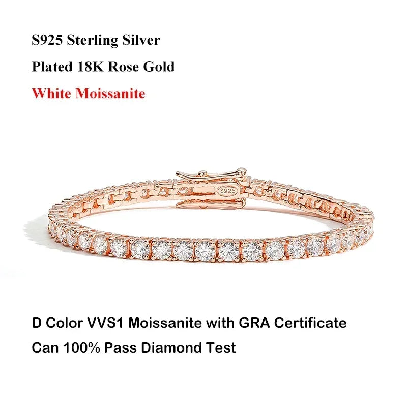 2/2.5/3/4/5/6.5mm Real Moissanite Tennis Bracelet S925 Plated 18K Rose Gold Diamond Link Bracelet Pass Diamond Tester - DripVault