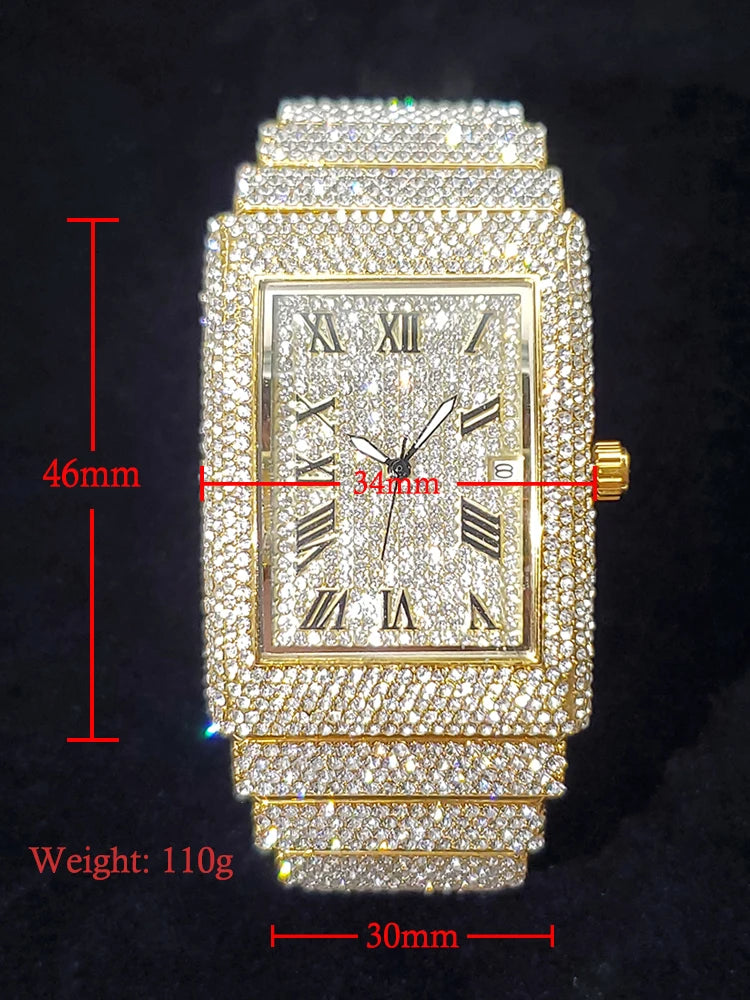 Gold Men's Watches Rectangle Dial Luxury Diamond Fashion Big Wristwatches Luminous Point Iced Quartz Watch For Men - DripVault