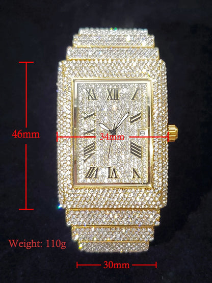 Gold Men's Watches Rectangle Dial Luxury Diamond Fashion Big Wristwatches Luminous Point Iced Quartz Watch For Men - DripVault