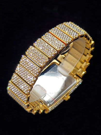 Gold Men's Watches Rectangle Dial Luxury Diamond Fashion Big Wristwatches Luminous Point Iced Quartz Watch For Men - DripVault