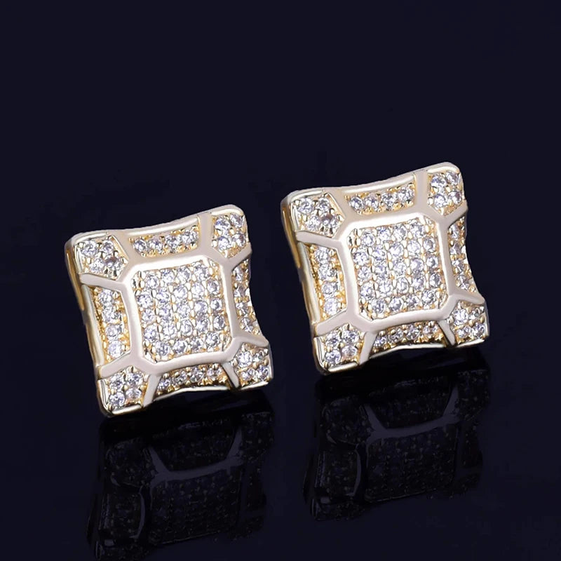 Hip Hop Claw Setting AAAAA+ Cubic Zirconia Bling Ice Out Stud Earring Male 11mm Square CZ Earrings for Men Rapper Jewelry - DripVault