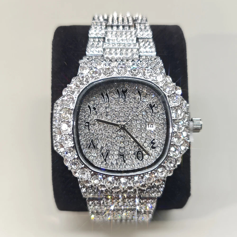 Luxury Brand Men Quartz Watch Fashion Square Hip Hop Big Pointer Diamond Out Sparkling Jewelry Waterproof Stainless Steel Wristwatch Man New - DripVault