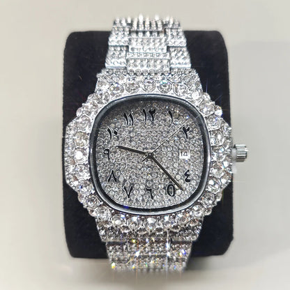Luxury Brand Men Quartz Watch Fashion Square Hip Hop Big Pointer Diamond Out Sparkling Jewelry Waterproof Stainless Steel Wristwatch Man New - DripVault