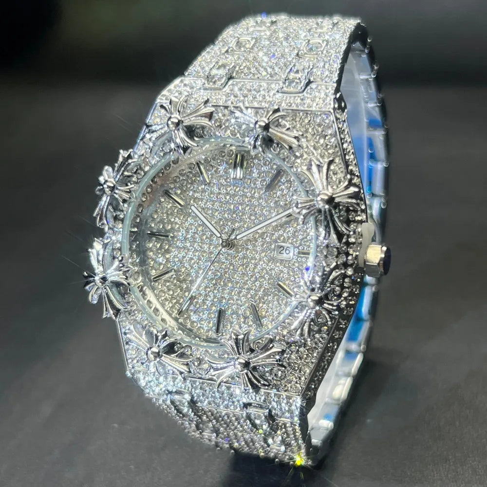 Men's Watches Thorn Crown Quartz Wristwatch Fashion Hip Hop Ice Crystal Watch Men Luxury Business Quartz Wristwatch - DripVault