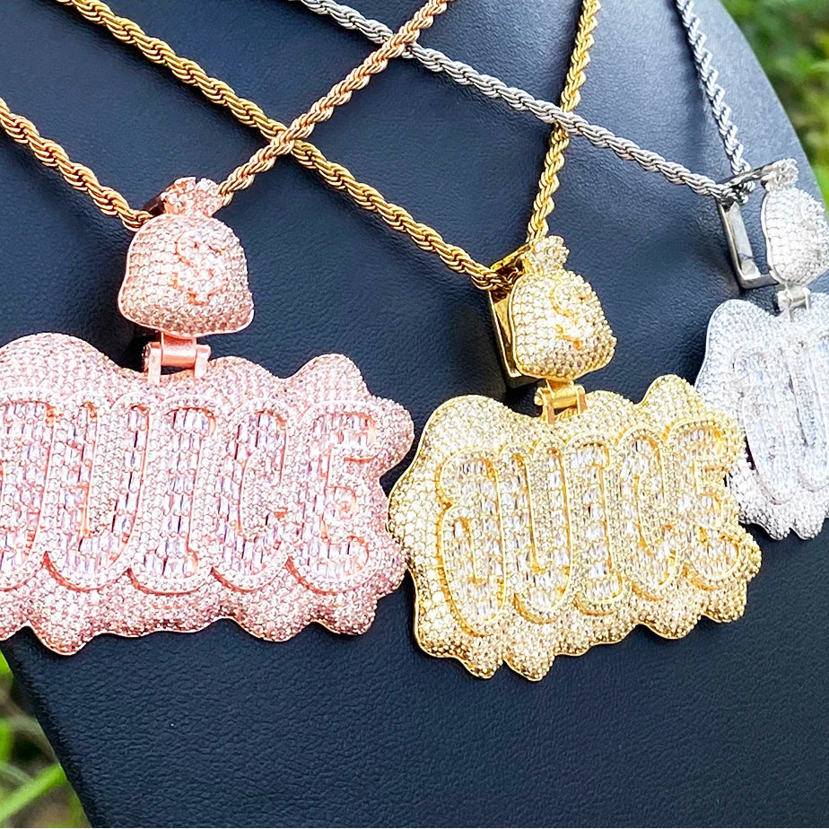 Iced Out Juice Money Bag Bail Necklace Pendant for Men Real Gold Plated AAAAA+ Cubic Zirconia Hip Hop Jewelry - DripVault