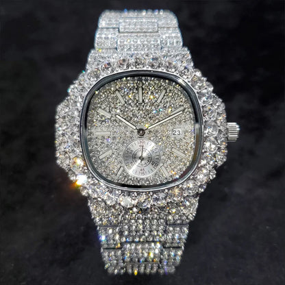 Luxury Diamond Watch Men Hip Hop Street Petek Style Date Display Quartz Timepiece Iced Out Party Jewelry Wristwatch - DripVault