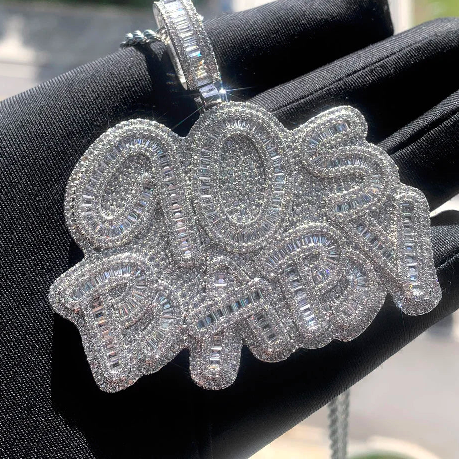 Iced Out Letter 90s Baby Prong Necklace Pendant for Men Silver Color Bling Cubic Zirconia Charm Hip Hop Jewelry - DripVault