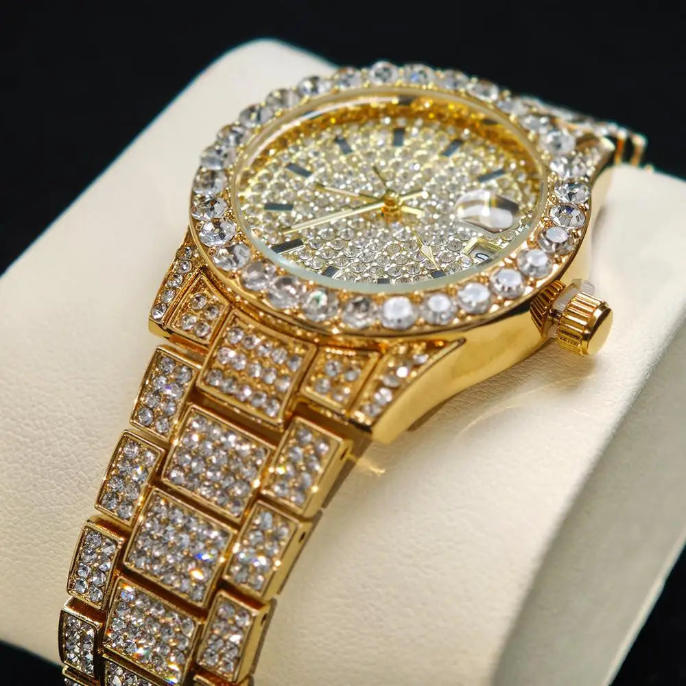 Hot Fashion Gold Watches Women Luxury Stainless Steel Elegant Iced Diamond Jewelry Quartz Wristwatch Ladies - DripVault