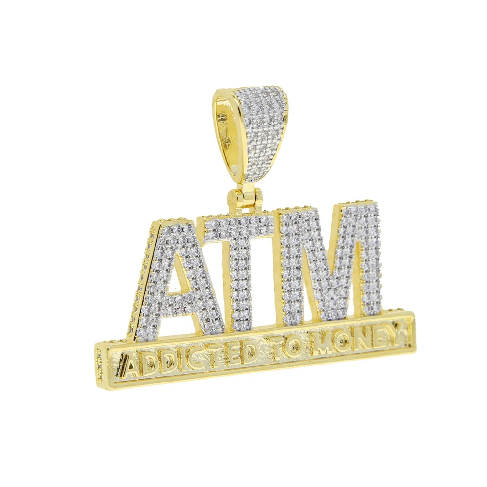 Iced Out Bling 5A CZ Letters ATM Addicted To Money Pendant Necklace 2 Colors Cubicz Zircon Men's HipHop 5mm Tennis Chain Jewelry - DripVault