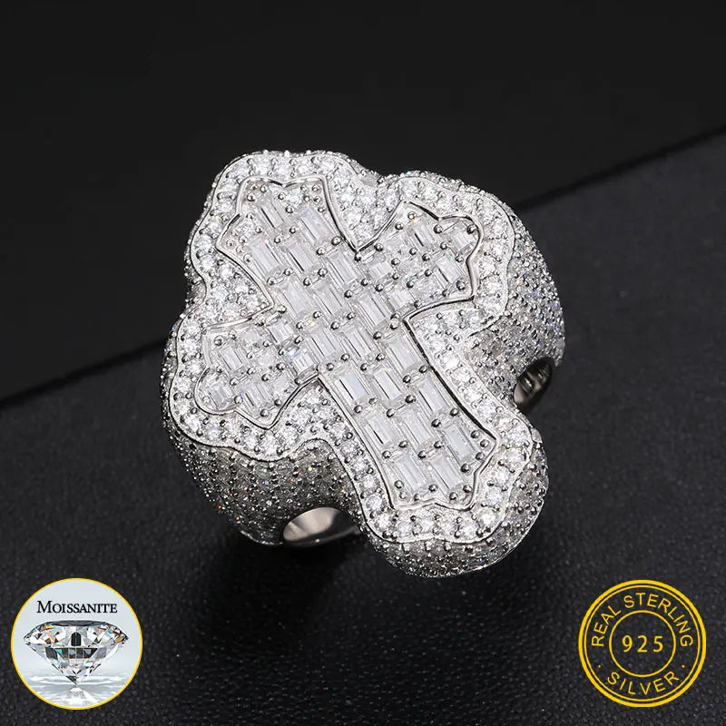 S925 Silver Rings Iced Out Baguette VVS1 Moissanite Cross Rings S925 Silver For Men Hip Hop Jewelry Men's Accessorie - DripVault