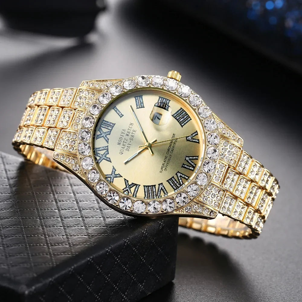 Diamond Bling Watch Men Gold Color Luxury Gift Quartz Watches Male Clock Rhinestone Calendar Wristwatch - DripVault
