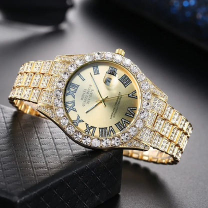 Diamond Bling Watch Men Gold Color Luxury Gift Quartz Watches Male Clock Rhinestone Calendar Wristwatch - DripVault