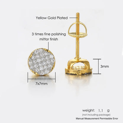Gold Color Micro Inlaid Zircon 7mm Screw-back Stud Earrings For Women Men Simple Round Ear Piercing Jewelry - DripVault