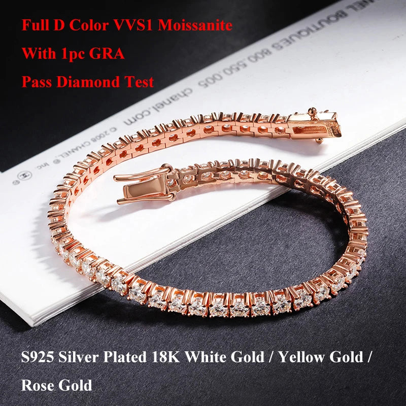 2/2.5/3/4/5/6.5mm Real Moissanite Tennis Bracelet S925 Plated 18K Rose Gold Diamond Link Bracelet Pass Diamond Tester - DripVault