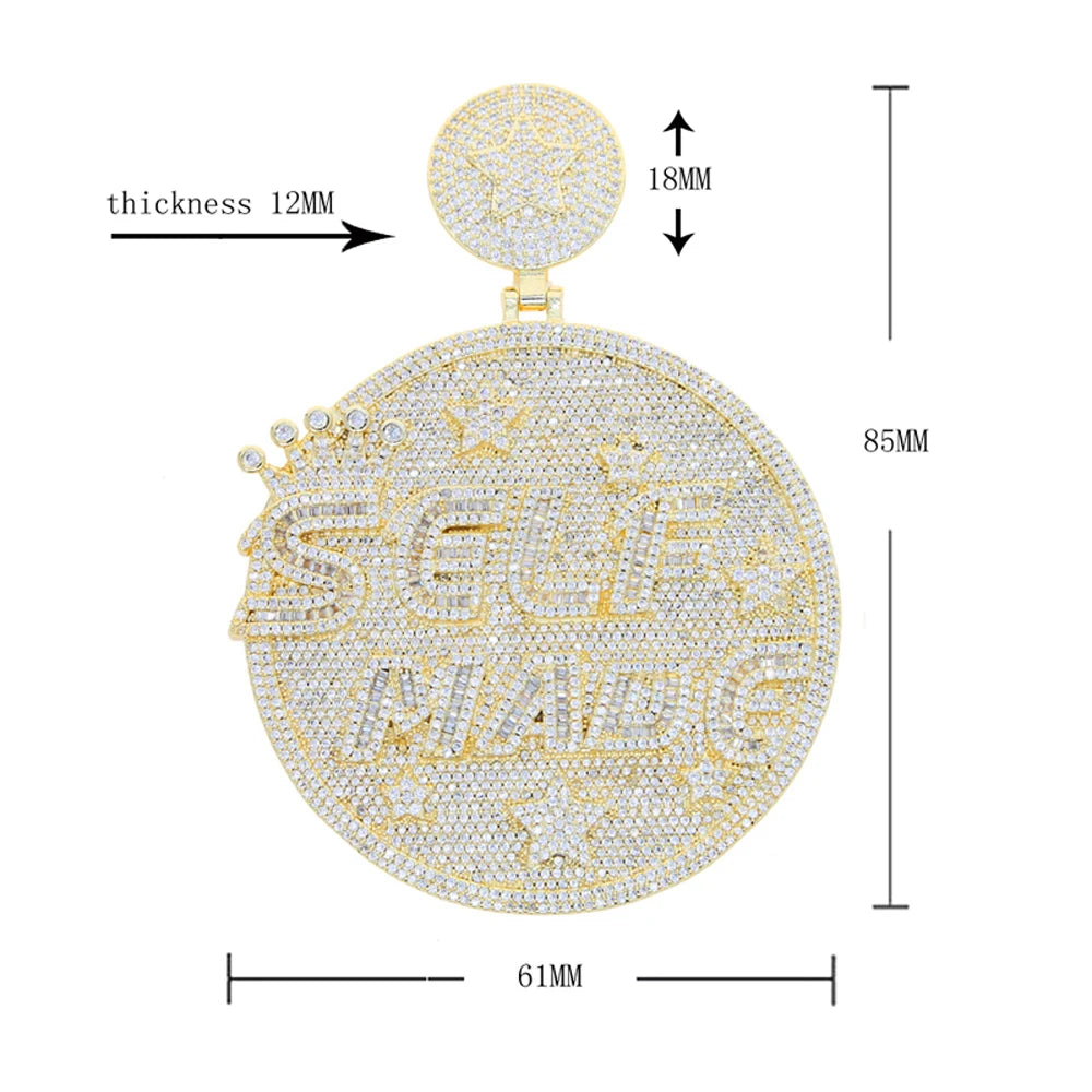 Iced Out Letter Heavy Chunk Big Pendant Necklace Bling CZ Cubic Zirconia Self Made Badge Charm Men Fashion Hip Hop Jewelry - DripVault