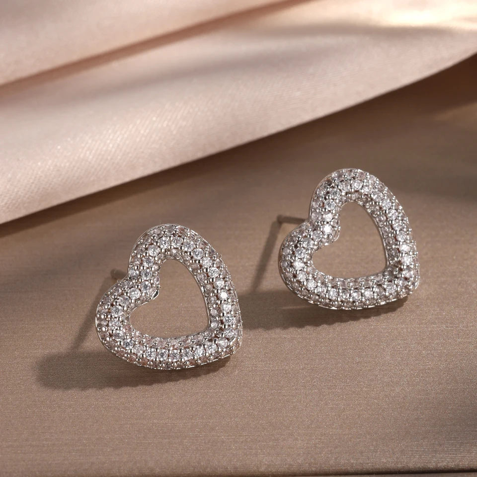 Loving Heart Zirconia Stud Earrings For Women Girls Silver Color Metal Crystal Ears Accessories Wedding Jewelry Gifts - DripVault