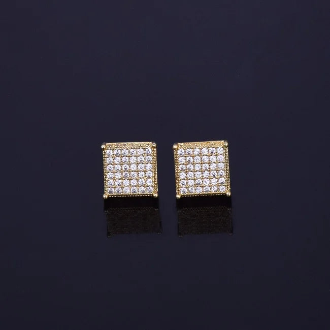 Micro Pave CZ Earring Gold Color Hip hop Jewelry Copper Iced AAA CZ Square Stud Earrings Push-back 12x12mm Street Rock - DripVault