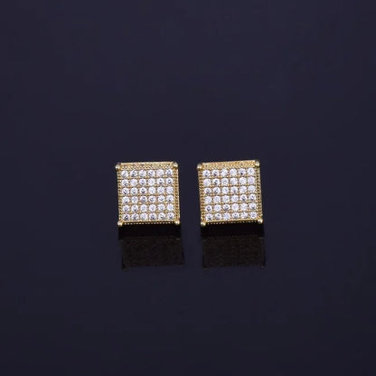 Micro Pave CZ Earring Gold Color Hip hop Jewelry Copper Iced AAA CZ Square Stud Earrings Push-back 12x12mm Street Rock - DripVault