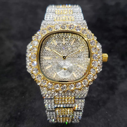 Luxury Diamond Watch Men Hip Hop Street Petek Style Date Display Quartz Timepiece Iced Out Party Jewelry Wristwatch - DripVault