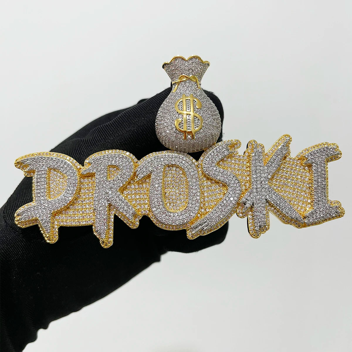 Custom Name Necklace Solid Base Iced Out Personalized Pendants Money Bag Bail  Real Gold Plated Hip Hop - DripVault