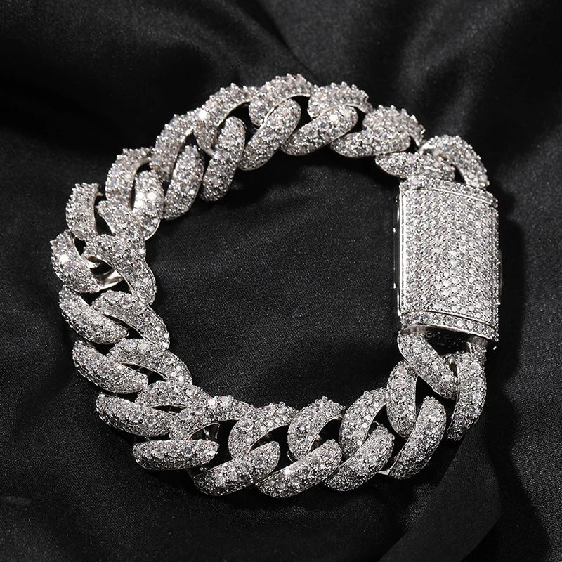 Hip Hop 5A+ CZ Stone Paved Bling Iced Out 18mm Solid Round Cuban Miami Link Chain Bracelets Necklaces for Men Rapper Jewelry - DripVault