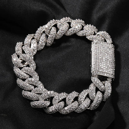 Hip Hop 5A+ CZ Stone Paved Bling Iced Out 18mm Solid Round Cuban Miami Link Chain Bracelets Necklaces for Men Rapper Jewelry - DripVault