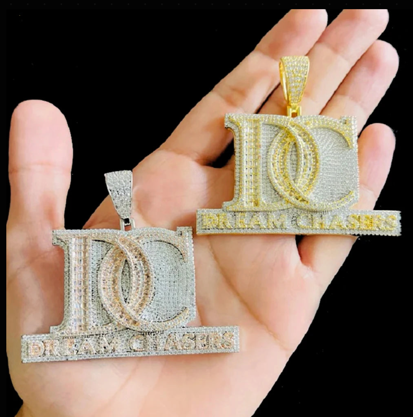 New Iced Out Bling Two Tone Color CZ Letter DC Pendant Necklace Dream Chasers Charm Men Fashion Hip Hop Jewelry - DripVault